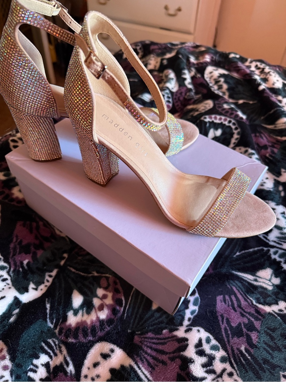 Madden Girl Iridescent Rhinestone Block Heel Sandals - Rose